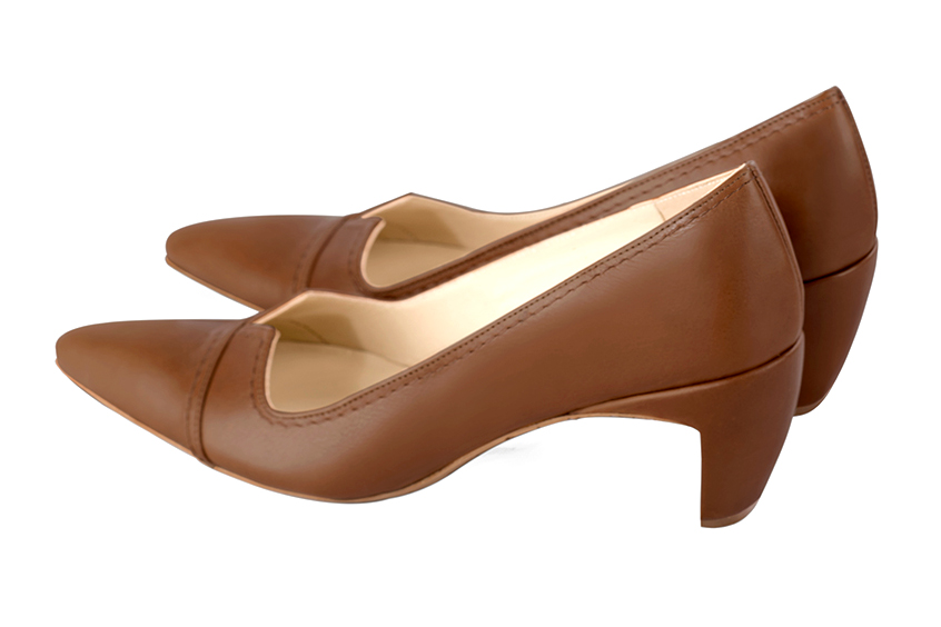 Caramel brown women's dress pumps,with a square neckline. Tapered toe. Medium comma heels. Rear view - Florence KOOIJMAN